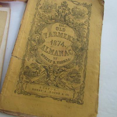 Lot of Old Farmers Almanacs, One is 1874, and Old Stamp Book
