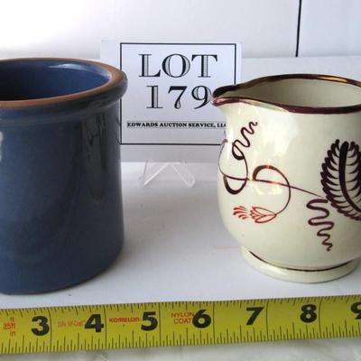 Small Blue Glazed Crock and Vintage Gray's Pottery Stoke on Trent Pitcher