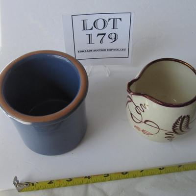 Small Blue Glazed Crock and Vintage Gray's Pottery Stoke on Trent Pitcher