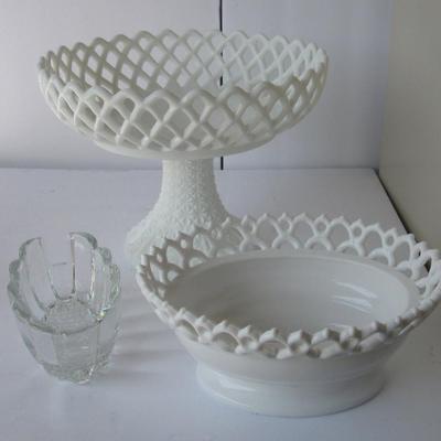 Nice Huge Westmoreland Milk Glass Compote, Clear Spoon Holder, Milk Glass Animal Dish Base