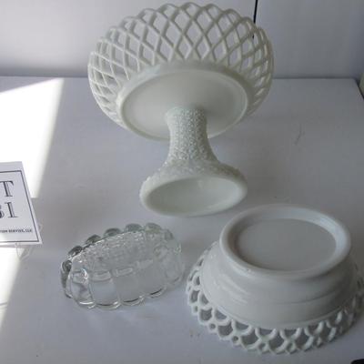 Nice Huge Westmoreland Milk Glass Compote, Clear Spoon Holder, Milk Glass Animal Dish Base