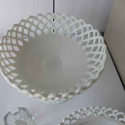 Nice Huge Westmoreland Milk Glass Compote, Clear Spoon Holder, Milk Glass Animal Dish Base