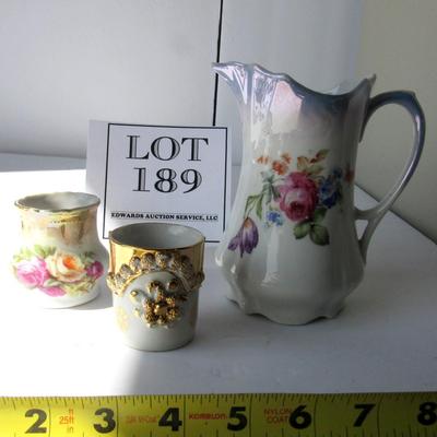 Vintage Hand Painted China Pitcher and Two Old Hand Painted Toothpick Holders