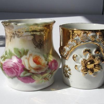 Vintage Hand Painted China Pitcher and Two Old Hand Painted Toothpick Holders