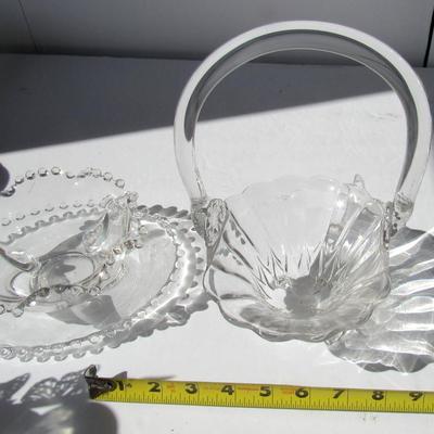 Imperial Candlewick Ruffled Icer Bowl (HTF), Gravy Boat Liner (No Boat) and New Martinsville Janice Glass Basket