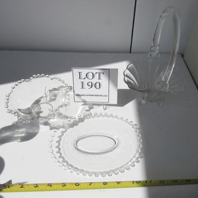 Imperial Candlewick Ruffled Icer Bowl (HTF), Gravy Boat Liner (No Boat) and New Martinsville Janice Glass Basket