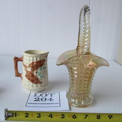 Old Pottery Creamer and Carnival Glass Basket