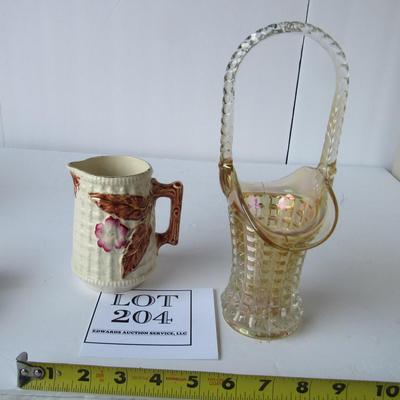 Old Pottery Creamer and Carnival Glass Basket