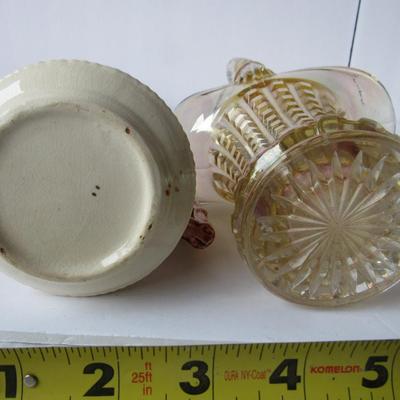 Old Pottery Creamer and Carnival Glass Basket