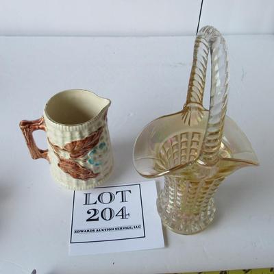 Old Pottery Creamer and Carnival Glass Basket