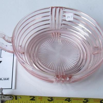 Lot 207: Pink Depression Glass Handled Bowl