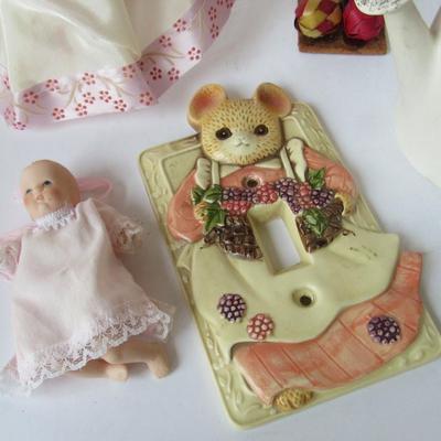 Lot of Child Related Collectibles, Light Switch Plate, Dolls, Planter