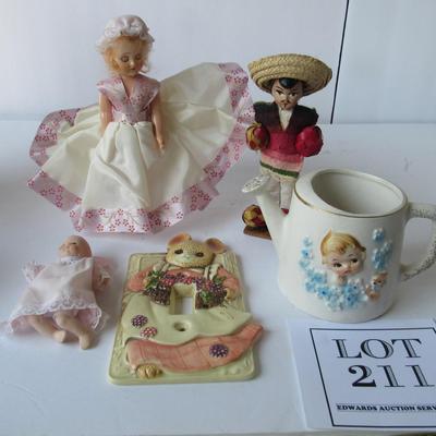 Lot of Child Related Collectibles, Light Switch Plate, Dolls, Planter