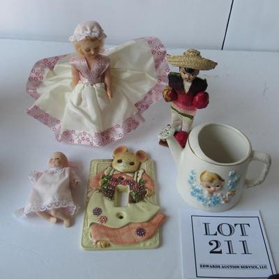 Lot of Child Related Collectibles, Light Switch Plate, Dolls, Planter