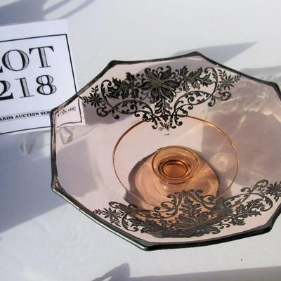 Pink Depression Glass Compote With Silver Deposit