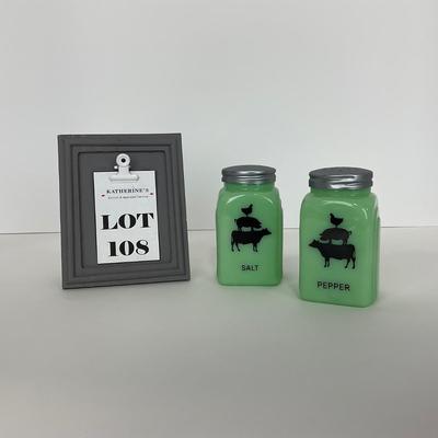 -108- GLASSWARE | Jadeite Salt & Pepper Shakers | Cow, Pig, & Chicken Silhouette