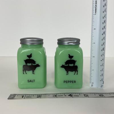-108- GLASSWARE | Jadeite Salt & Pepper Shakers | Cow, Pig, & Chicken Silhouette