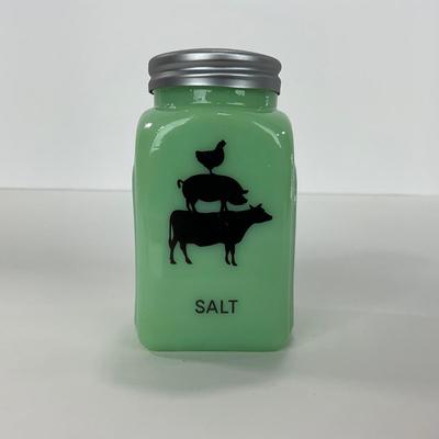 -108- GLASSWARE | Jadeite Salt & Pepper Shakers | Cow, Pig, & Chicken Silhouette