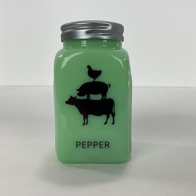 -108- GLASSWARE | Jadeite Salt & Pepper Shakers | Cow, Pig, & Chicken Silhouette