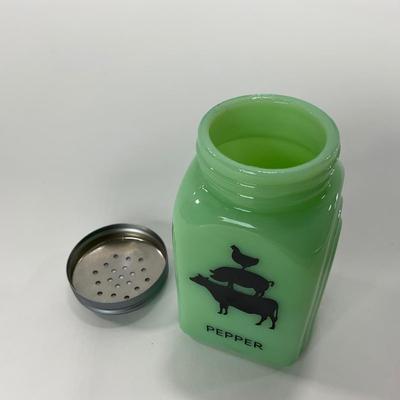 -108- GLASSWARE | Jadeite Salt & Pepper Shakers | Cow, Pig, & Chicken Silhouette