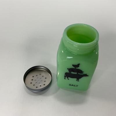 -108- GLASSWARE | Jadeite Salt & Pepper Shakers | Cow, Pig, & Chicken Silhouette
