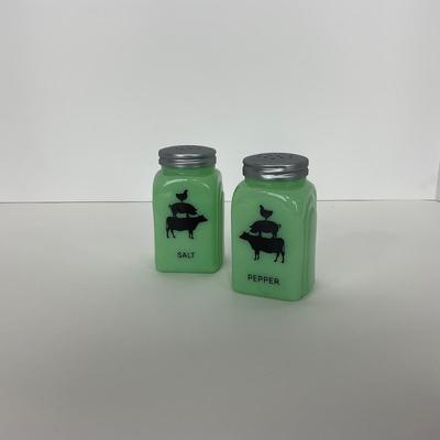 -108- GLASSWARE | Jadeite Salt & Pepper Shakers | Cow, Pig, & Chicken Silhouette