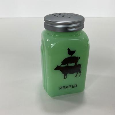 -108- GLASSWARE | Jadeite Salt & Pepper Shakers | Cow, Pig, & Chicken Silhouette