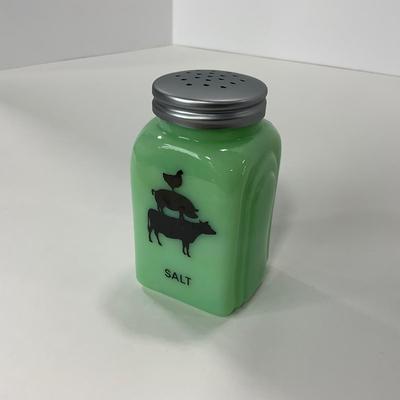 -108- GLASSWARE | Jadeite Salt & Pepper Shakers | Cow, Pig, & Chicken Silhouette