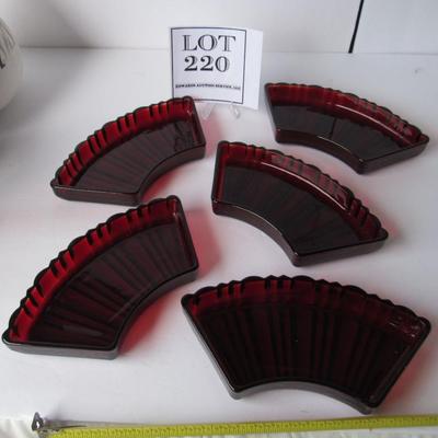 5 Vintage Anchor Hocking Old Cafe Pattern Red Glass Relish Tray Inserts