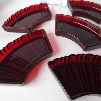 5 Vintage Anchor Hocking Old Cafe Pattern Red Glass Relish Tray Inserts