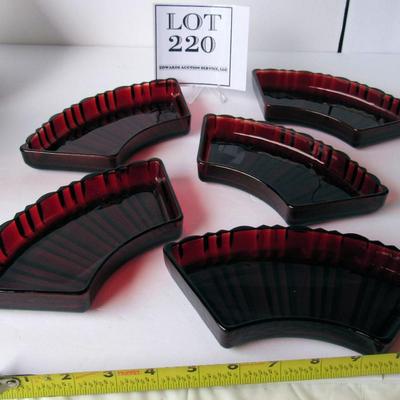 5 Vintage Anchor Hocking Old Cafe Pattern Red Glass Relish Tray Inserts