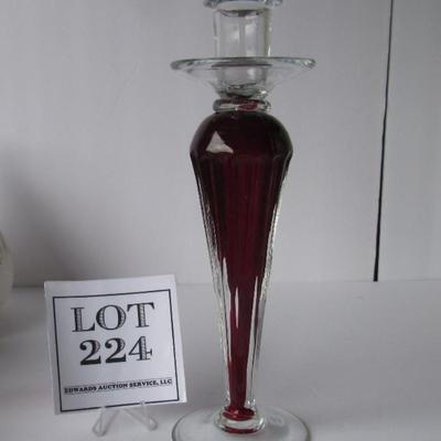 Modern Red and Clear Art Glass Candlestick, Heavy Glass