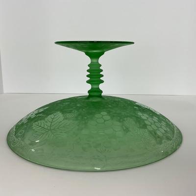 -110- GLASSWARE | Green Etched Leaf & Grapes Compote | Twisted Stem