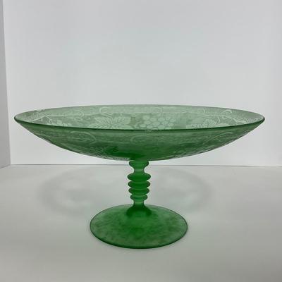 -110- GLASSWARE | Green Etched Leaf & Grapes Compote | Twisted Stem