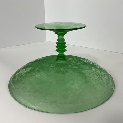-110- GLASSWARE | Green Etched Leaf & Grapes Compote | Twisted Stem
