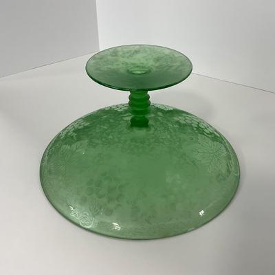 -110- GLASSWARE | Green Etched Leaf & Grapes Compote | Twisted Stem