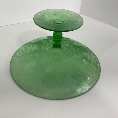 -110- GLASSWARE | Green Etched Leaf & Grapes Compote | Twisted Stem