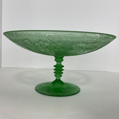 -110- GLASSWARE | Green Etched Leaf & Grapes Compote | Twisted Stem