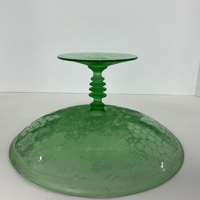 -110- GLASSWARE | Green Etched Leaf & Grapes Compote | Twisted Stem