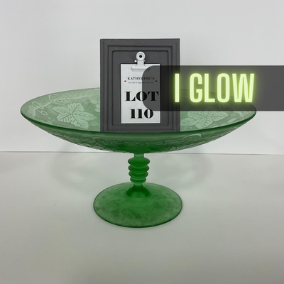 -110- GLASSWARE | Green Etched Leaf & Grapes Compote | Twisted Stem