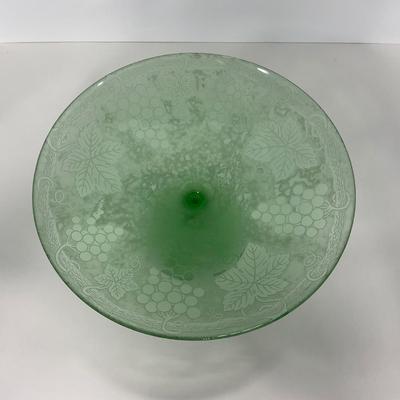 -110- GLASSWARE | Green Etched Leaf & Grapes Compote | Twisted Stem