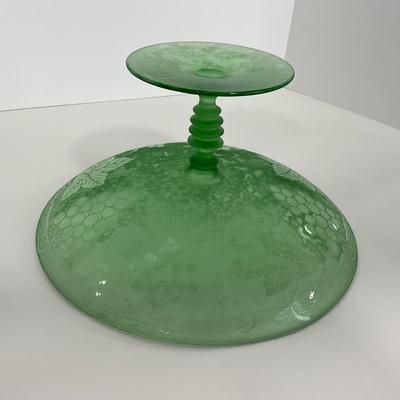 -110- GLASSWARE | Green Etched Leaf & Grapes Compote | Twisted Stem