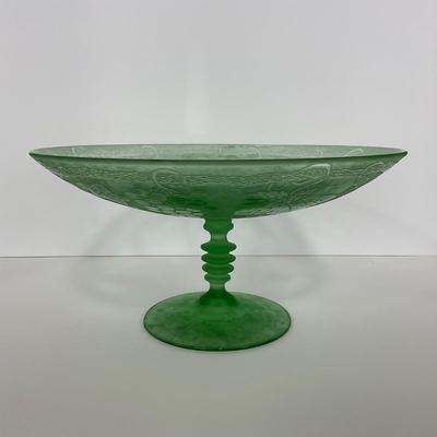 -110- GLASSWARE | Green Etched Leaf & Grapes Compote | Twisted Stem
