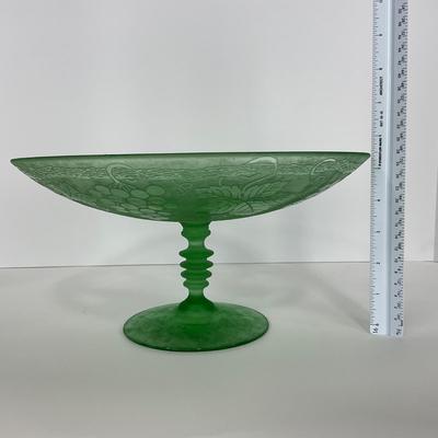 -110- GLASSWARE | Green Etched Leaf & Grapes Compote | Twisted Stem