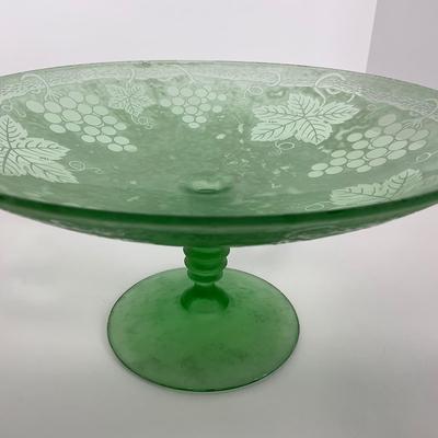 -110- GLASSWARE | Green Etched Leaf & Grapes Compote | Twisted Stem