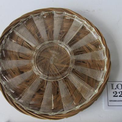 Jeanette Glass Depression Era Dew Drop Divided Relish in Woven Tray