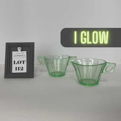 -112- URANIUM | Depression Vaseline Glass Creamer & Sugar Set