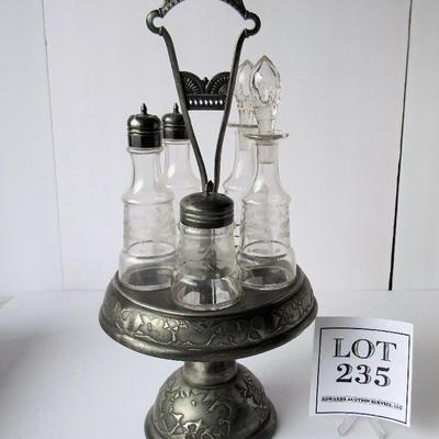 Antique Caster/Cruet Set, All Matching Pattern Bottles, Boston Plate Co Triple Plate