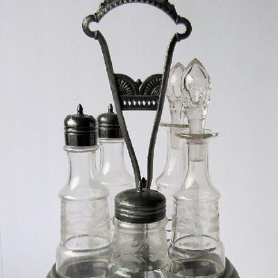 Antique Caster/Cruet Set, All Matching Pattern Bottles, Boston Plate Co Triple Plate