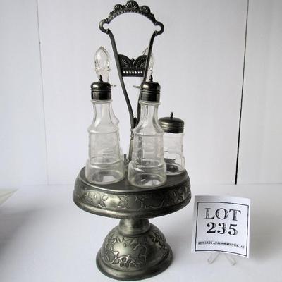 Antique Caster/Cruet Set, All Matching Pattern Bottles, Boston Plate Co Triple Plate